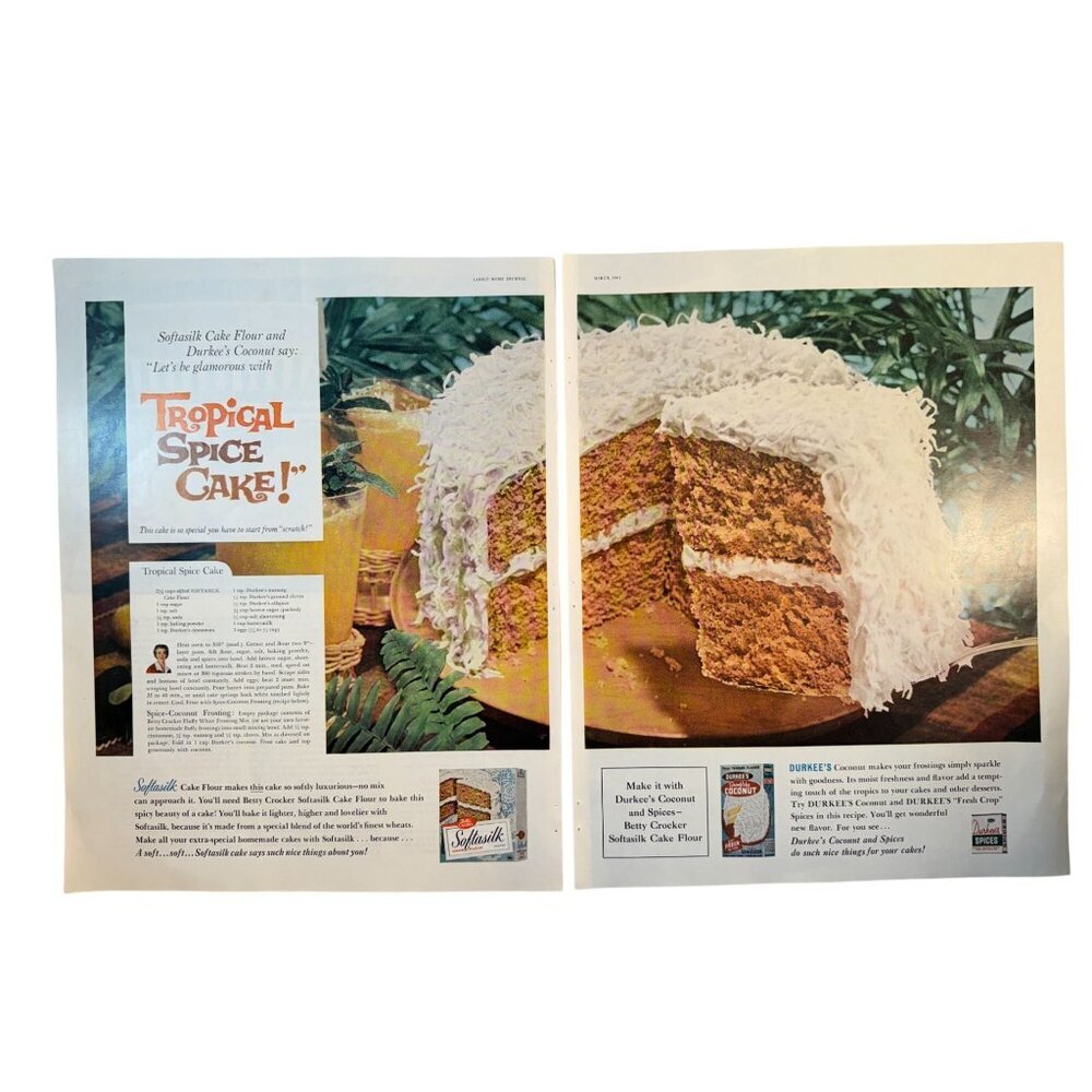 Vintage 1961 Betty Cocker Durkees Cake Recipe Food 2 Page Print Ad